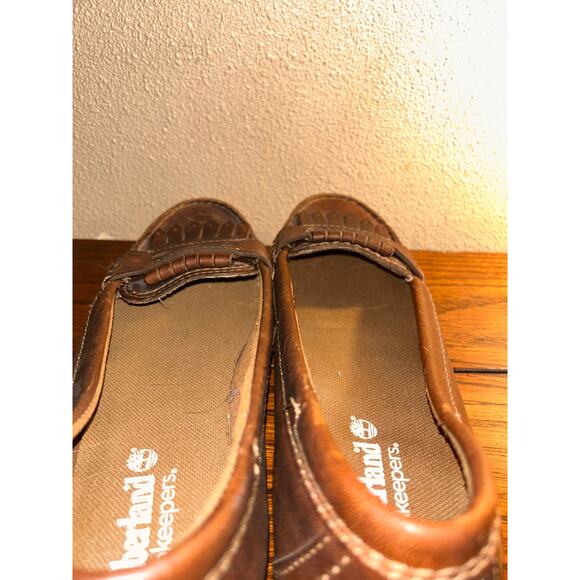 Timberland Preppy Distressed Boho Hippie Brown Fringe Leather Penny Loafers - Picture 10 of 12